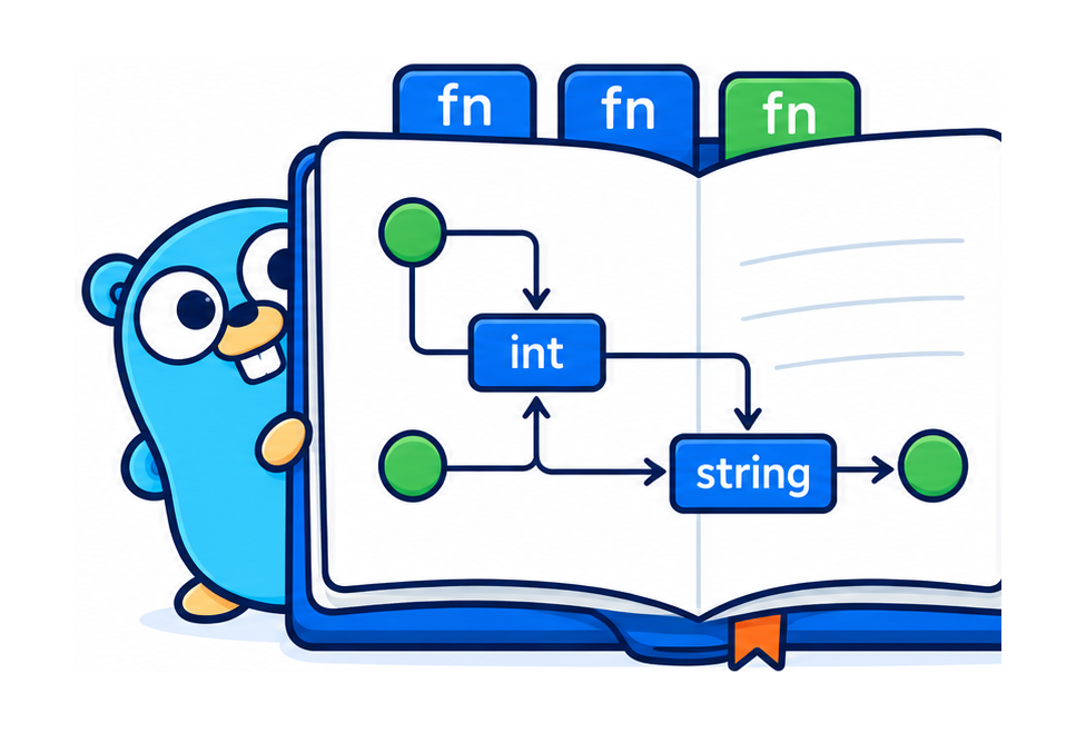 The go-notebook gopher holding an open book whose pages show a dependency graph: green input nodes feeding an int cell and a string cell, with fn tabs on top.
